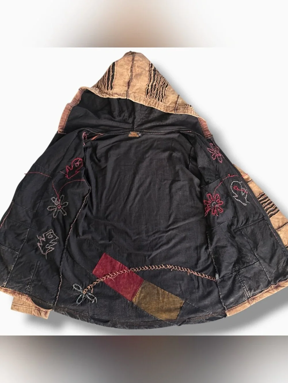 Rising International Vintage Patchwork Boho Floral Zip-Up Hooded Jacket XLarge